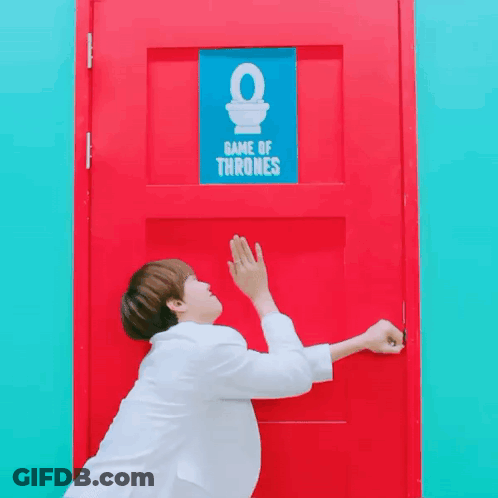 A Red Door With A Blue Sign That Says Game Of Thrones On It GIF