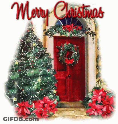 A Red Door With A Wreath On It And The Words Merry Christmas GIF