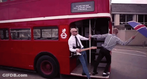 A Red Double Decker Bus Has A Sign That Says To Hire This Bus Call Bluebell Waves GIF