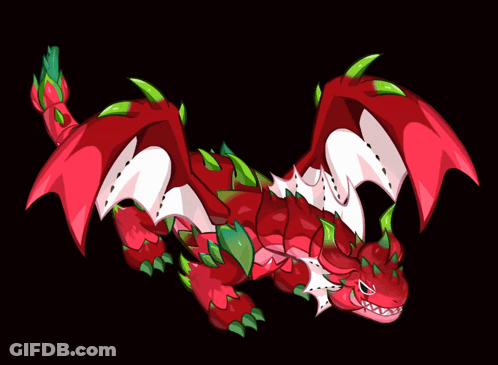 A Red Dragon With Green And White Wings Is Laying Down GIF