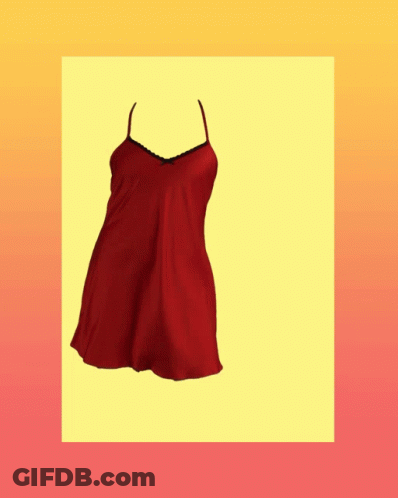A Red Dress With Black Lace Trim Is On A Yellow Background GIF