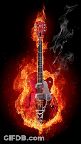 A Red Electric Guitar Is Surrounded By Fire And Smoke GIF