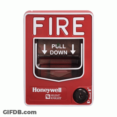 A Red Fire Alarm By Honeywell That Says Pull Down On It GIF