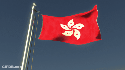 A Red Flag With A White Flower On It Is Flying In The Wind GIF