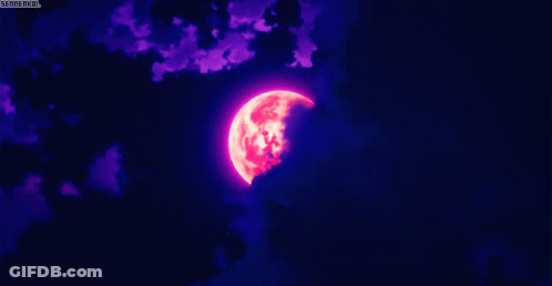 A Red Full Moon Is Surrounded By Purple Clouds In A Dark Sky GIF