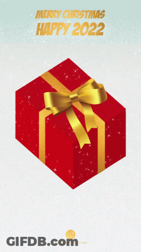 A Red Gift Box With A Gold Bow And The Words Merry Christmas Happy 2022 On It GIF
