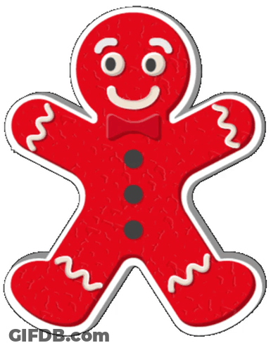 A Red Gingerbread Man With A Bow Tie And A Smile On His Face GIF