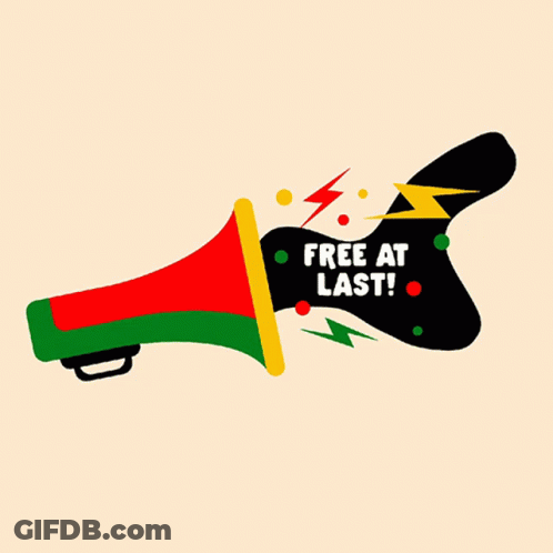 A Red Green And Yellow Megaphone With The Words Free At Last On It GIF