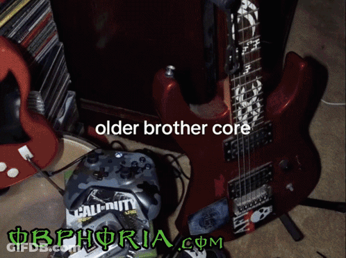 Red Guitar With Older Brother Core Text GIF