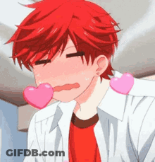 A Red Haired Anime Character With A Pink Heart In His Mouth GIF