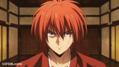 A Red Haired Anime Character With A Sword In His Mouth GIF