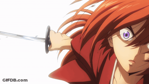 A Red Haired Anime Character With Purple Eyes Holding A Sword GIF