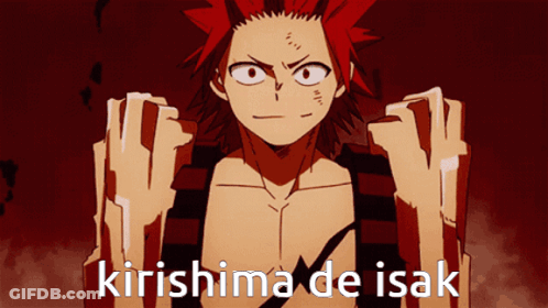 A Red Haired Anime Character With The Words Kirishima De Isak Written Below Him GIF