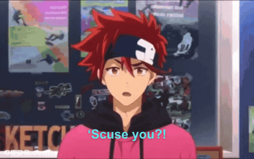 A Red Haired Anime Character With The Words Scuse You Written On The Bottom GIF