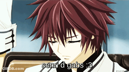 A Red Haired Anime Character With The Words Senri D Gabs : 3 Above Him GIF