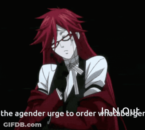 A Red Haired Anime Character With The Words " The Agener Urge To Order " On The Bottom GIF