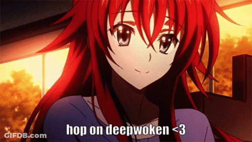 A Red Haired Anime Girl With The Words Hop On Deepwoken < 3 Below Her GIF
