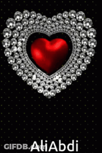 A Red Heart Is Surrounded By Diamonds On A Black Background With The Name Aliabdi On The Bottom GIF
