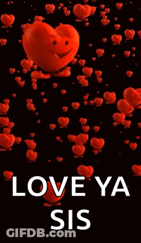 A Red Heart With A Face And Arms Is Surrounded By Red Hearts And The Words `` Love Ya Sis '' . GIF