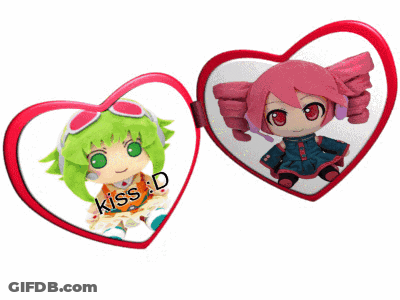 A Red Heart With A Picture Of A Girl With Green Hair And The Word Kiss On It GIF