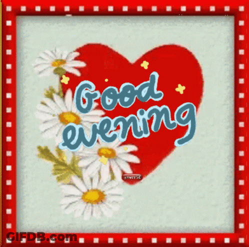 A Red Heart With Daisies And The Words Good Evening On It GIF