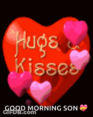 A Red Heart With The Words Hugs And Kisses Written On It Surrounded By Pink Hearts GIF