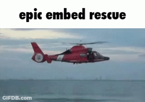 A Red Helicopter Is Flying Over The Ocean With The Words Epic Embedded Rescue Written Above It . GIF