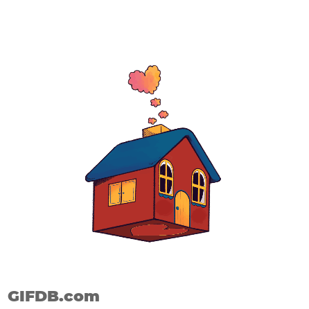 A Red House With A Blue Roof And Smoke Coming Out Of The Chimney GIF