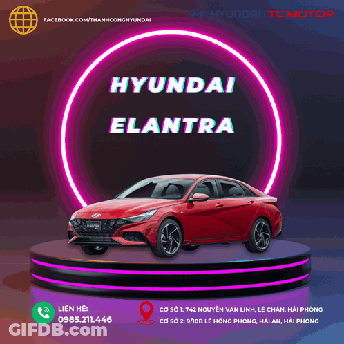 A Red Hyundai Elantra Is Displayed On A Podium GIF