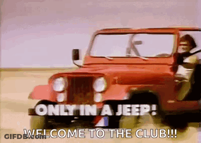A Red Jeep Is Driving Down A Dirt Road And Says `` Only In A Jeep ! Welcome To The Club !! '' GIF