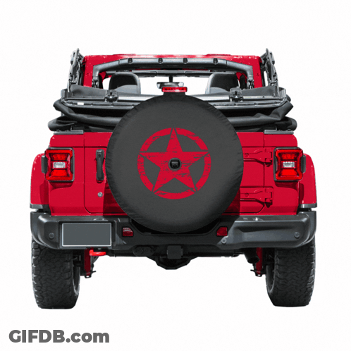 A Red Jeep With A Black Tire Cover With A Red Star In The Center GIF