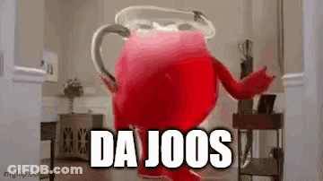 A Red Ketchup Bottle Is Dancing In A Living Room With The Words `` Da Joos '' Written On It . GIF