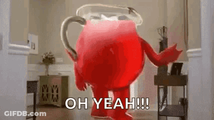 A Red Kettle Man Is Standing In A Room With The Words `` Oh Yeah !!! '' Written On The Bottom . GIF