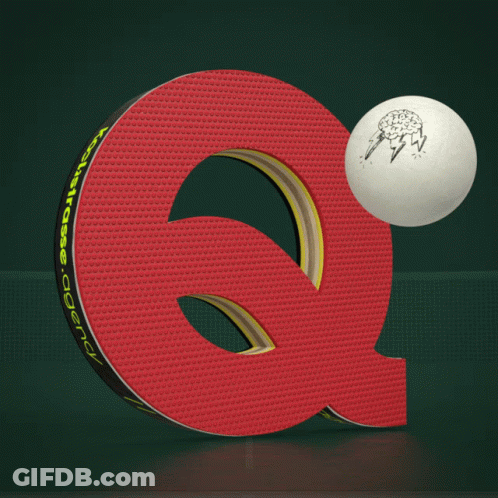 A Red Letter Q With A Ping Pong Ball Inside Of It GIF