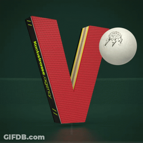 A Red Letter V With A Ping Pong Ball On It GIF