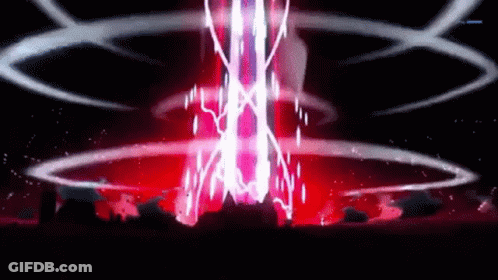 A Red Lightning Bolt Is Coming Out Of A Tower In The Dark . GIF