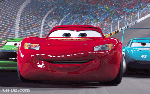 A Red Lightning Mcqueen From Cars Is Smiling In Front Of A Green Car And A Blue Car GIF