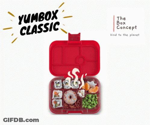 A Red Lunch Box With The Words Yumbox Classic Written Above It GIF