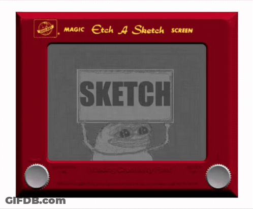 A Red Magic Etch A Sketch Screen Shows A Drawing Of A Frog Holding A Sign That Says Sketch GIF