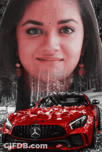 A Red Mercedes Is Surrounded By Leaves And A Woman 'S Face GIF