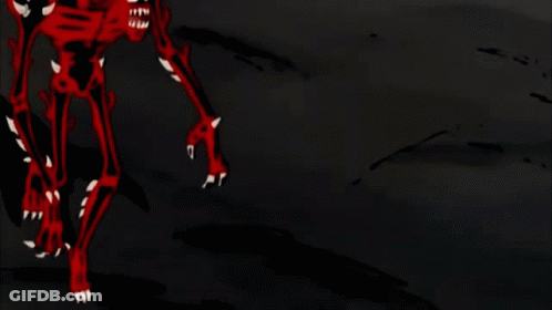A Red Monster And A Blue Monster Are Standing Next To Each Other On A Dark Background GIF