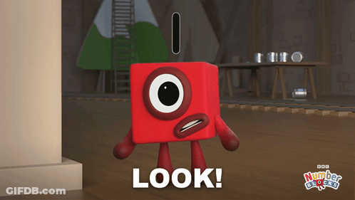 A Red Number Blocks Character Is Standing In A Room And Says Look GIF
