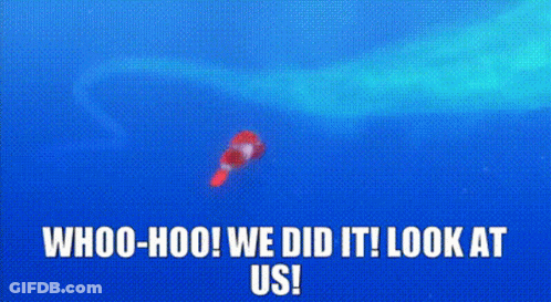 A Red Object Is Flying Through The Air With The Words `` Whoo-Hoo ! We Did It ! Look At Us ! '' . GIF
