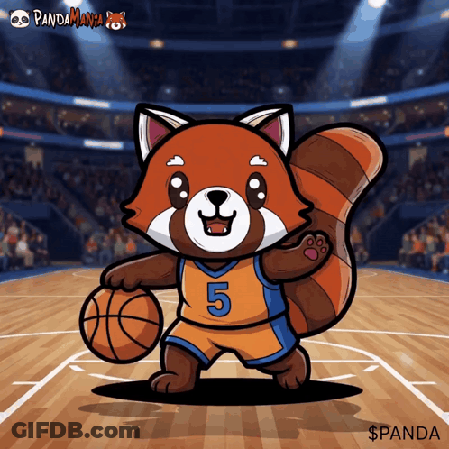 A Red Panda Wearing A Number 5 Jersey Holds A Basketball On A Basketball Court GIF