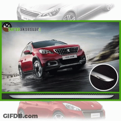A Red Peugeot 2008 Is Shown In The Rain GIF