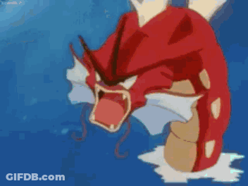A Red Pokemon Is Swimming In The Water With Its Mouth Open And A Yellow Light Coming Out Of It 'S Mouth . GIF
