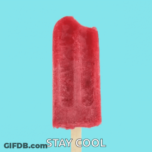 A Red Popsicle With A Bite Taken Out Of It Is On A Blue Background With The Words Stay Cool Below It GIF