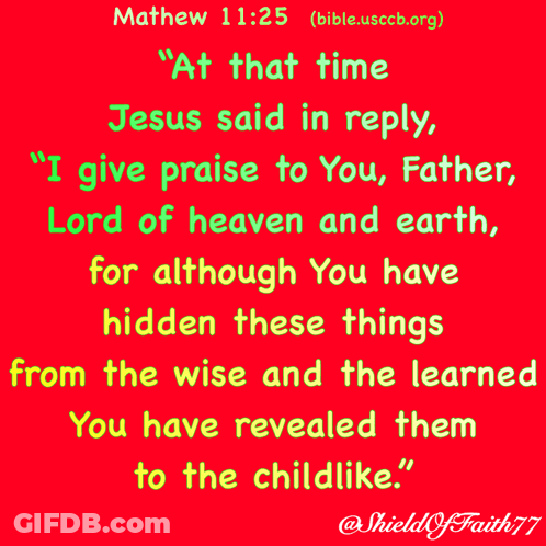 A Red Poster With Green Text That Says Mathew 11:25 GIF