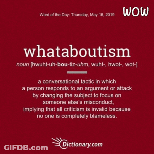A Red Poster With The Word Whataboutism Written On It GIF