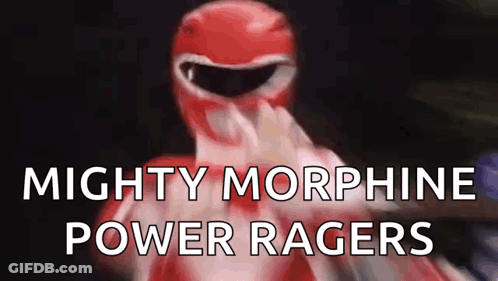 A Red Power Ranger With The Words Mighty Morphine Power Ragers Written On The Bottom GIF